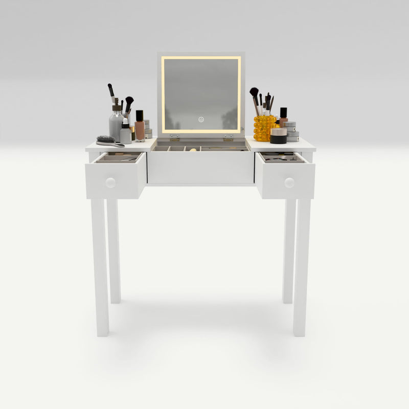 Vanity Table With LED Lights, Flip-Top Mirror And 2 Drawers, Jewelry Storage