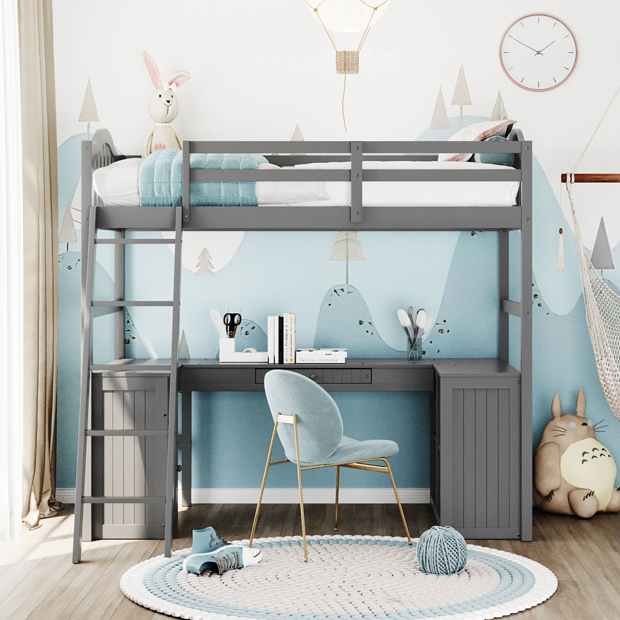 Twin size Loft Bed with Drawers, Cabinet, Shelves and Desk, Wooden Loft Bed with Desk - Gray(OLD SKU :LT000505AAE) - Atlantic Fine Furniture Melbourne FL