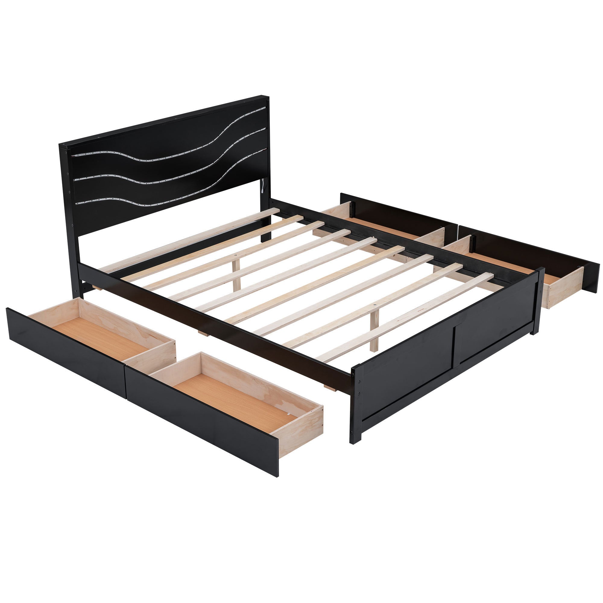 Queen Size Wood Storage Platform Bed with LED and 4 Drawers, Black - Atlantic Fine Furniture Melbourne FL