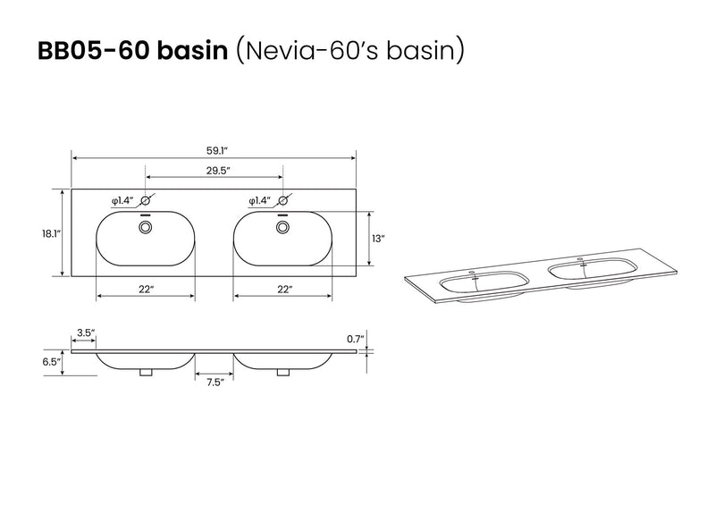 U052-Nevia60W-206 Nevia Bathroom Vanity With Automatic LED Drawer Light, Wall Mounted Bathroom Vanity With Integrated Solid Surface Sink, Without Drain - Snow White