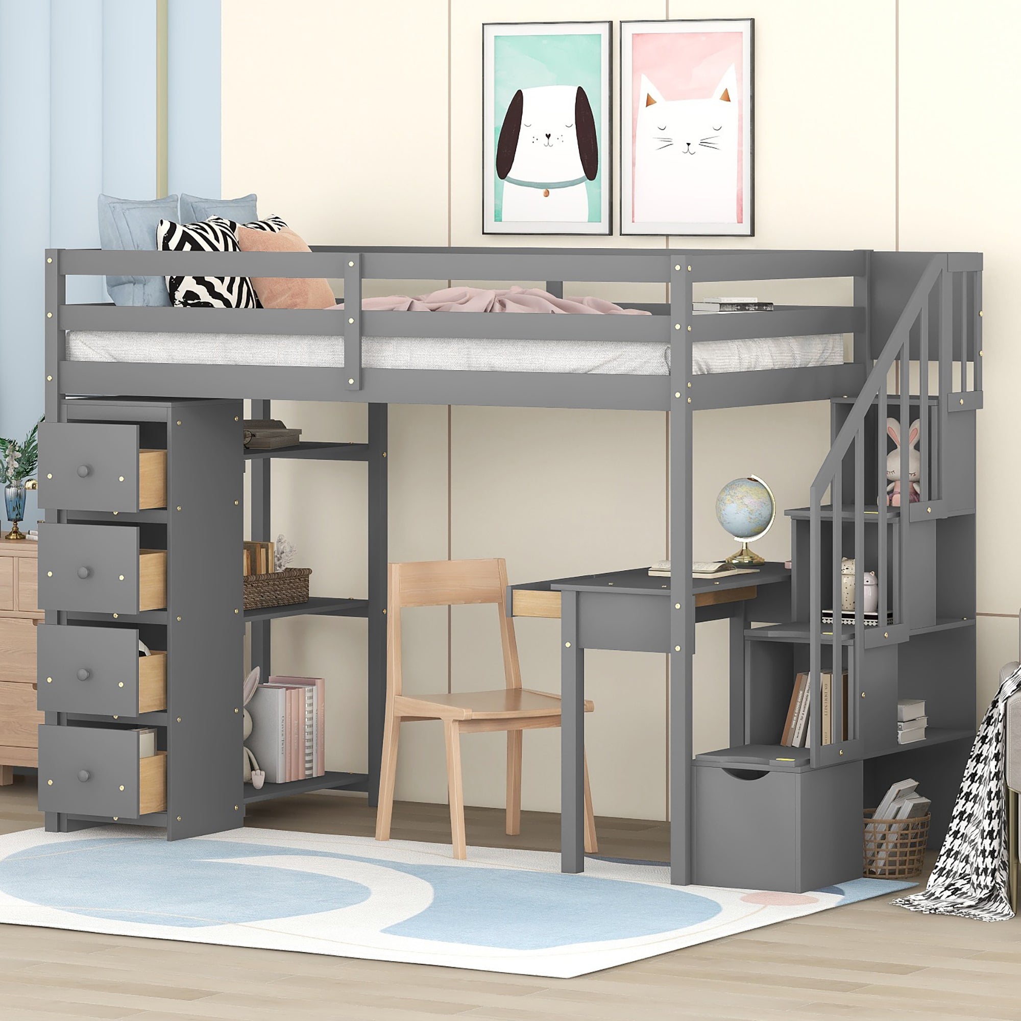Twin size Loft Bed with Storage Drawers ,Desk and Stairs, Wooden Loft Bed with Shelves - Gray - Atlantic Fine Furniture Melbourne FL