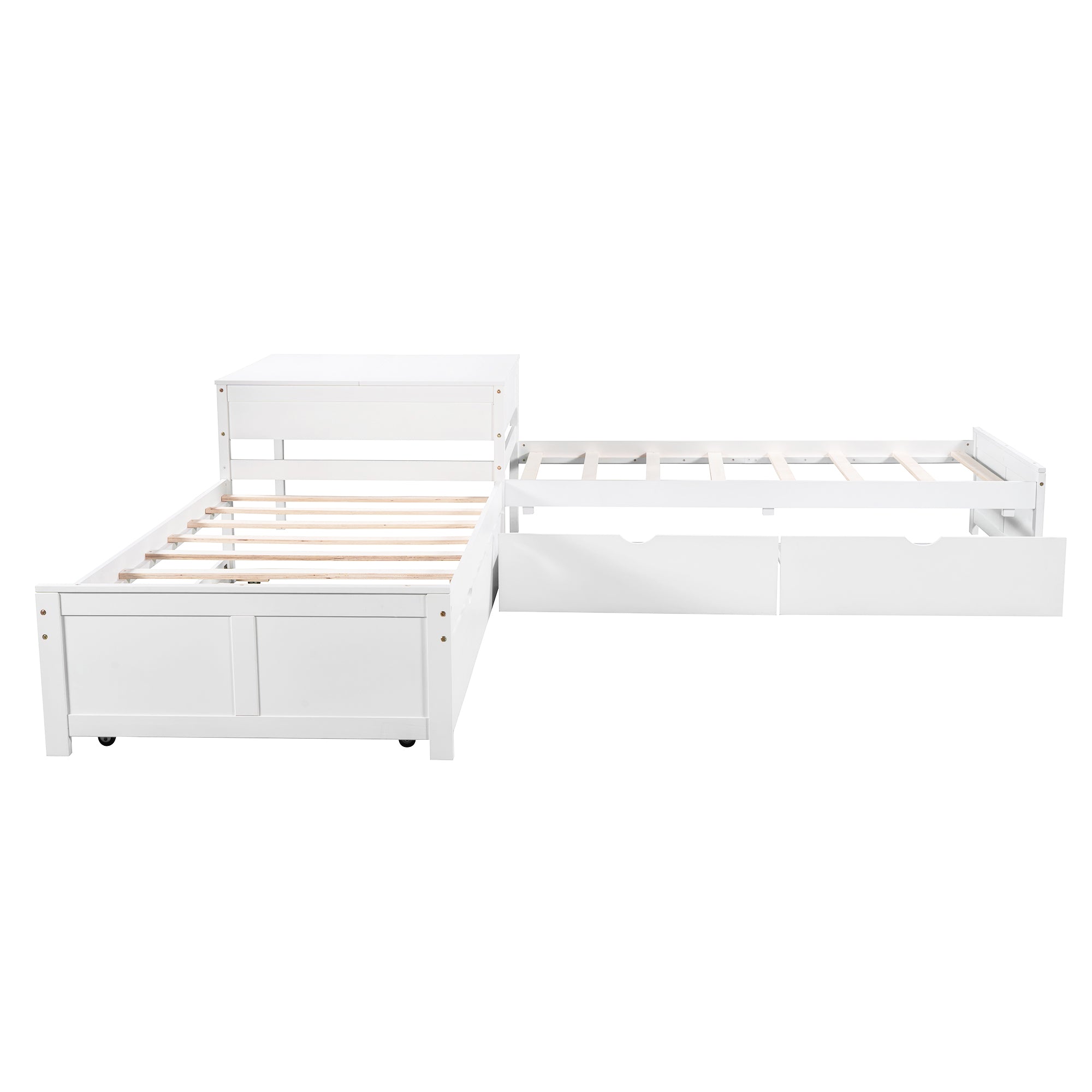 L-shaped Platform Bed with Trundle and Drawers Linked with built-in Desk,Twin,White - Atlantic Fine Furniture Melbourne FL