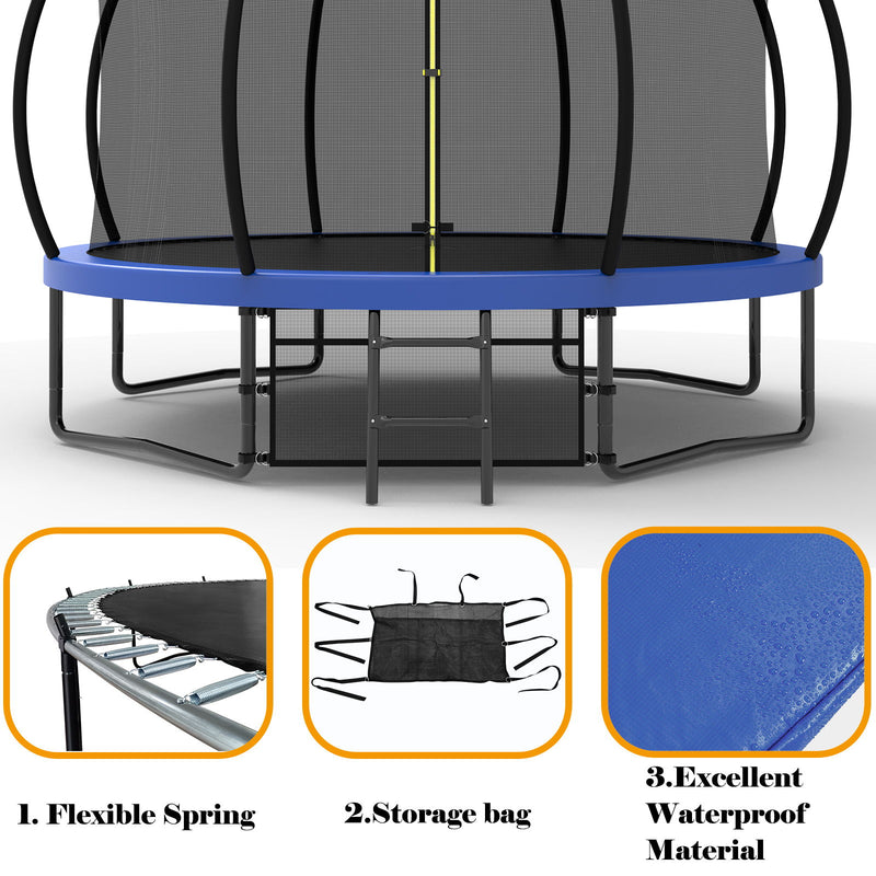 12' Recreational Kids Trampoline With Safety Enclosure Net & Ladder, Outdoor Recreational Trampolines