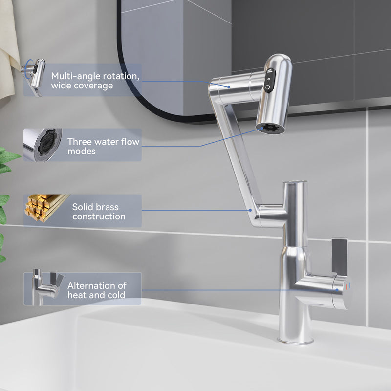 Bathroom Sink Faucet With Spray Function And Temperature Display, Anti Skid Switch, 360 Degree Rotary, Brass Material - Chrome