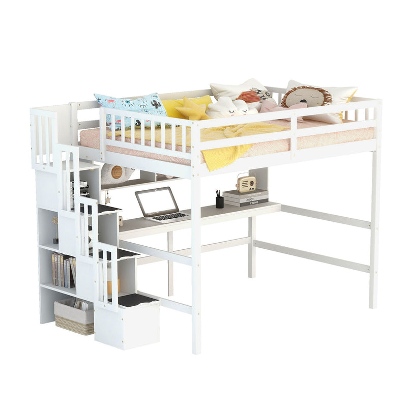 High Loft Bed With Built-In Desk, Ladder Platform, Ladders, Guardrails