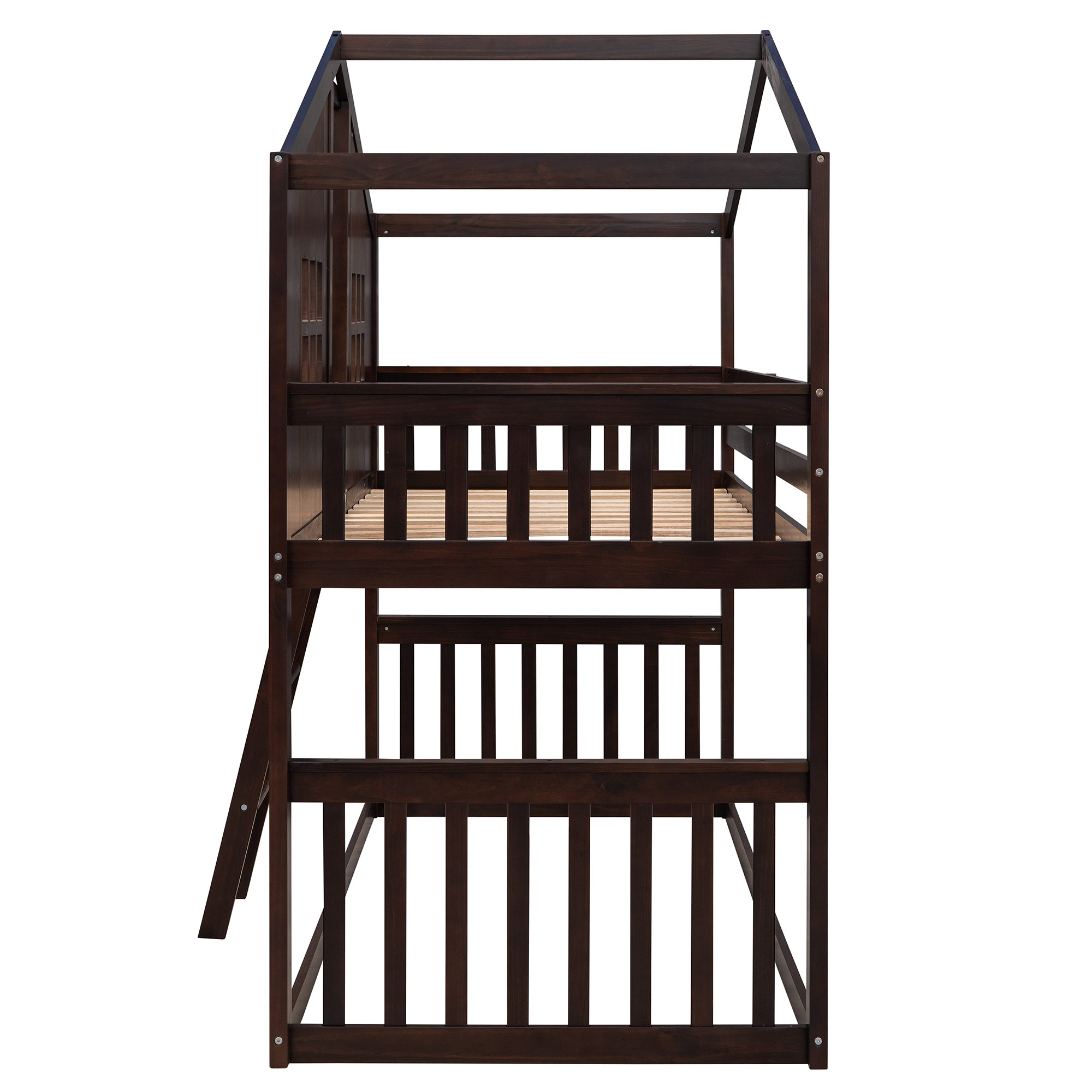 Twin Over Twin House Bunk Bed With Ladder, Wood Bed-Espresso - Atlantic Fine Furniture Melbourne FL