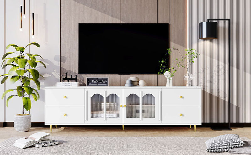 Modern TV Stand With Glass Door, 4 Drawers And 2 Cabinets