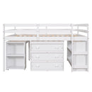 Loft Low Study Bed With Cabinet, Shelves And Rolling Portable Desk, Multiple Functions