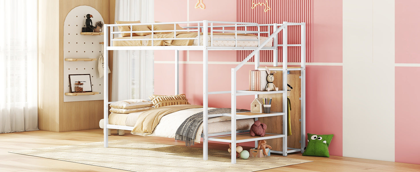 Full Over Full Metal Bunk Bed with Lateral Storage Ladder and Wardrobe, White - Atlantic Fine Furniture Melbourne FL