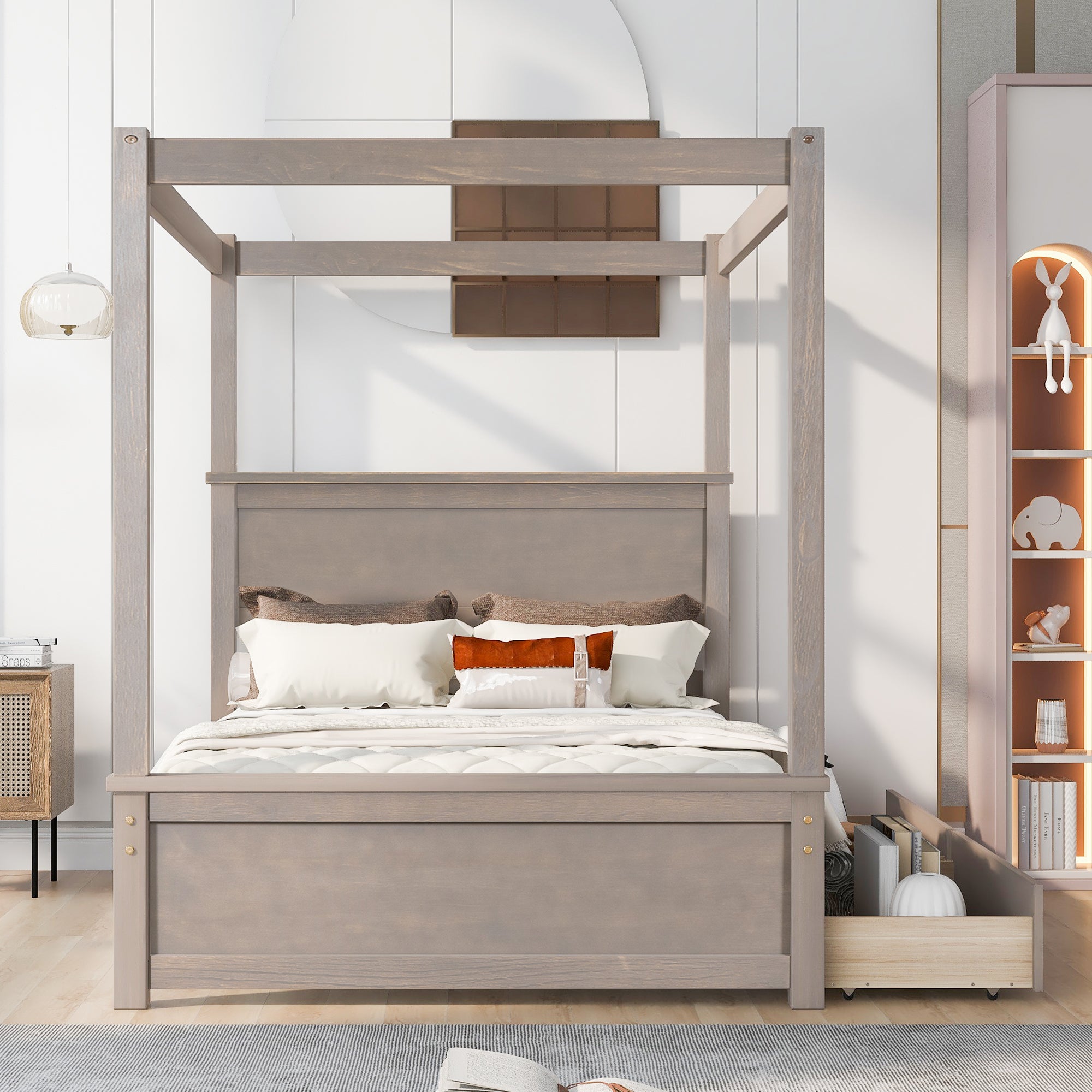 Wood Canopy Bed with two Drawers, Full Size Canopy Platform bed With Support Slats .No Box Spring Needed, Brushed Light Brown - Atlantic Fine Furniture Melbourne FL