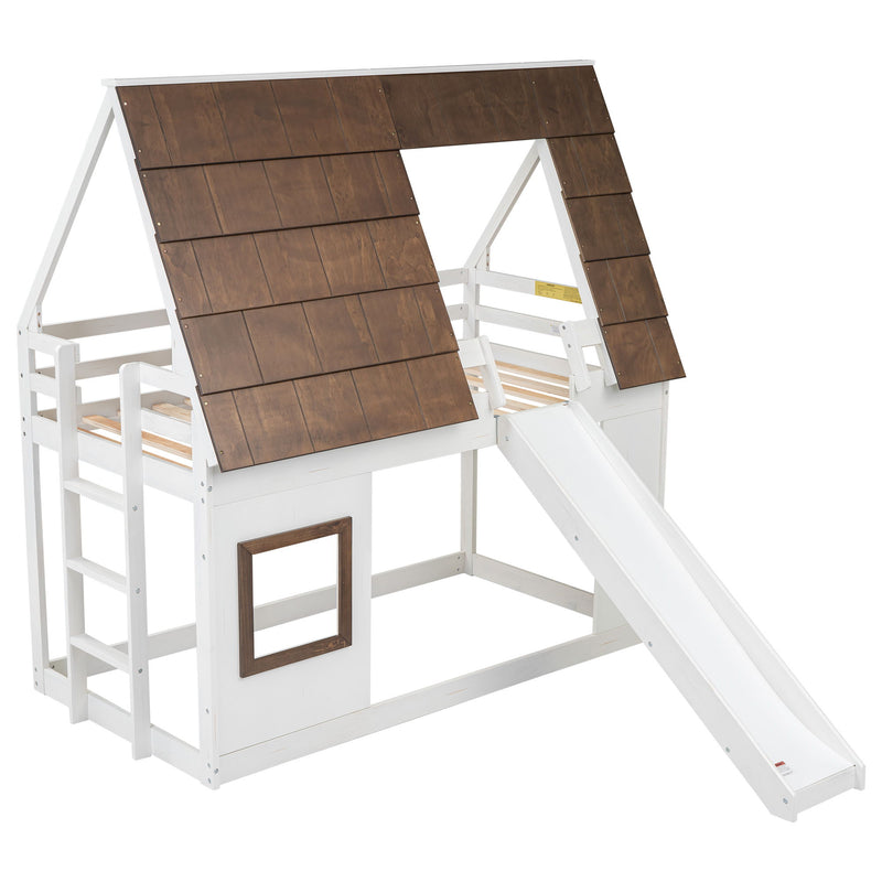 Wood Twin Size House Bunk Bed With Roof, Ladder And Slide - White / Brown