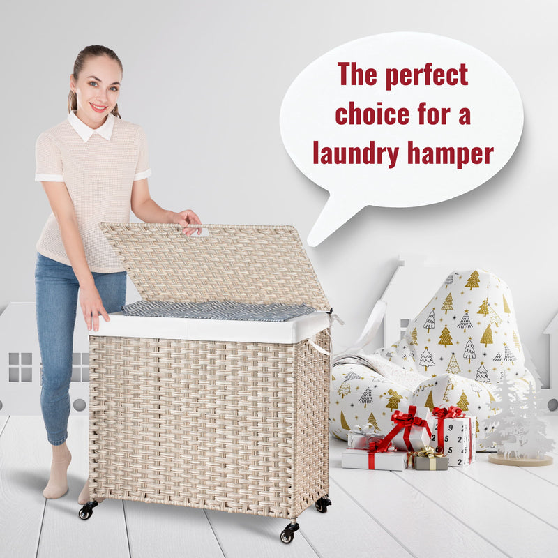 Laundry Hamper With Lid PE Rattan Powder Coating Frame Clothes Hampers With 2 Removable Bags