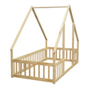 Wood House-Shaped Floor Bed With Fence, Guardrails