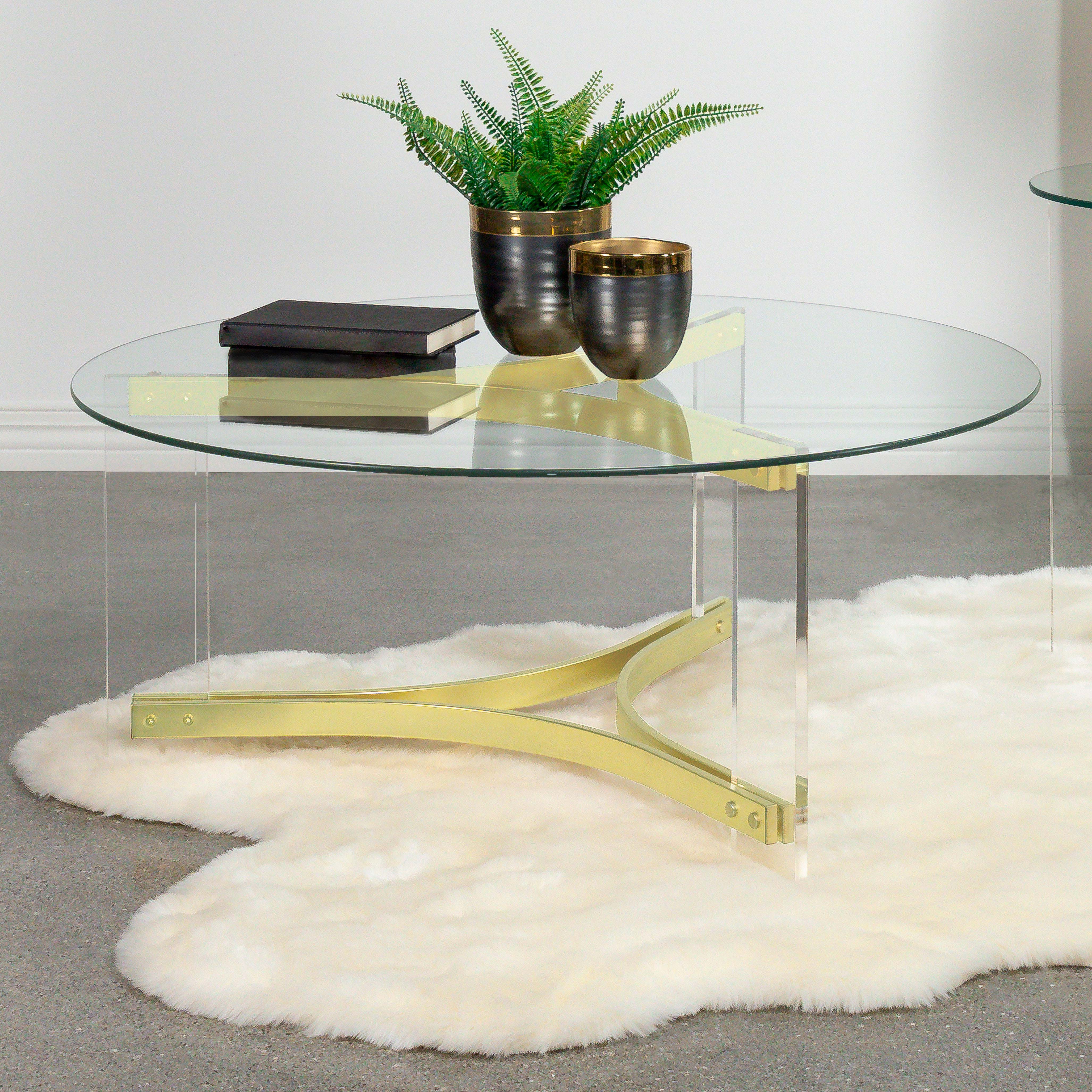 Janessa Round Glass Top Acrylic Leg Coffee Table Matte Brass — view 2