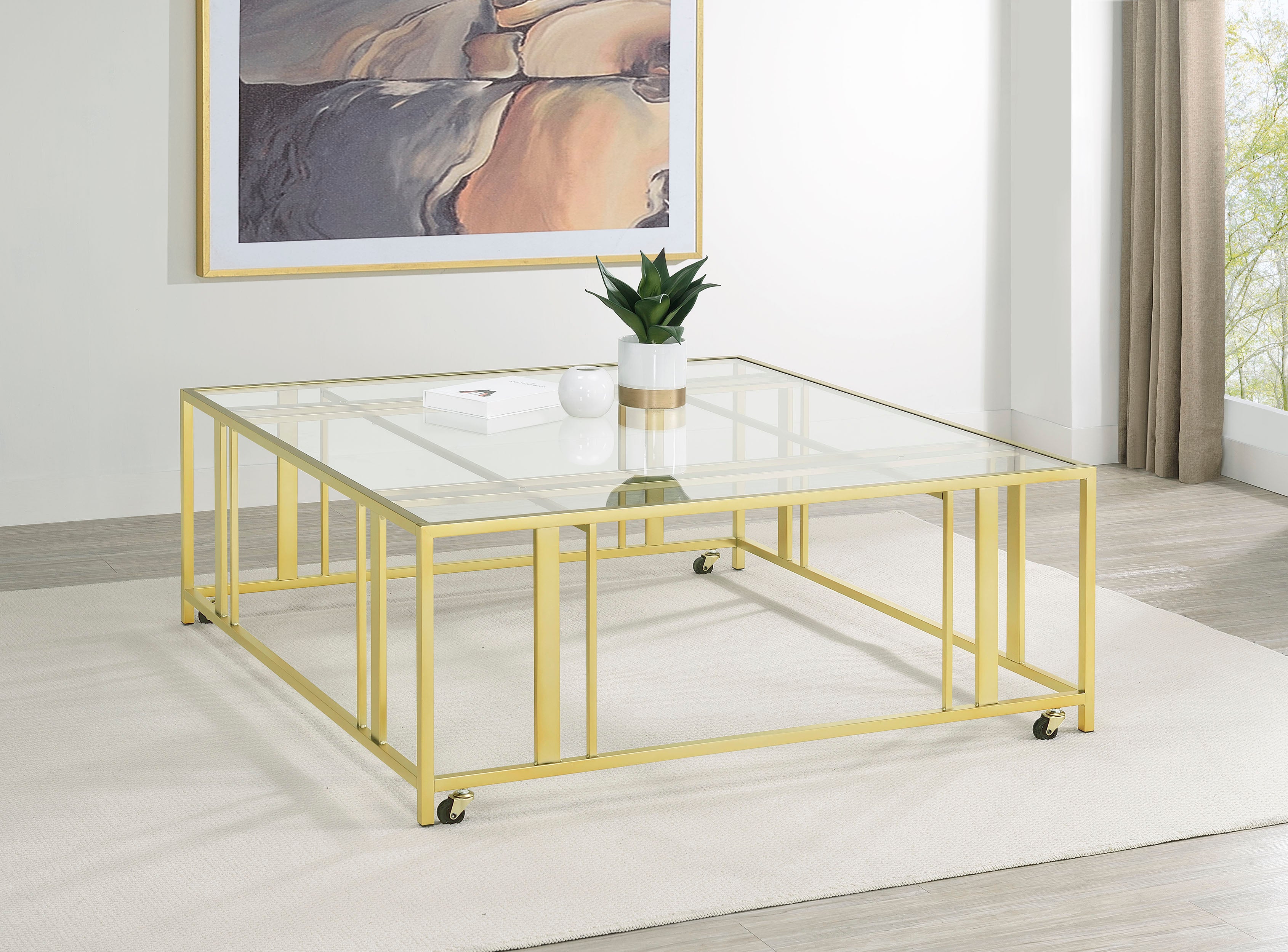 Adri Square Glass Top Coffee Table with Casters Matte Brass — view 2