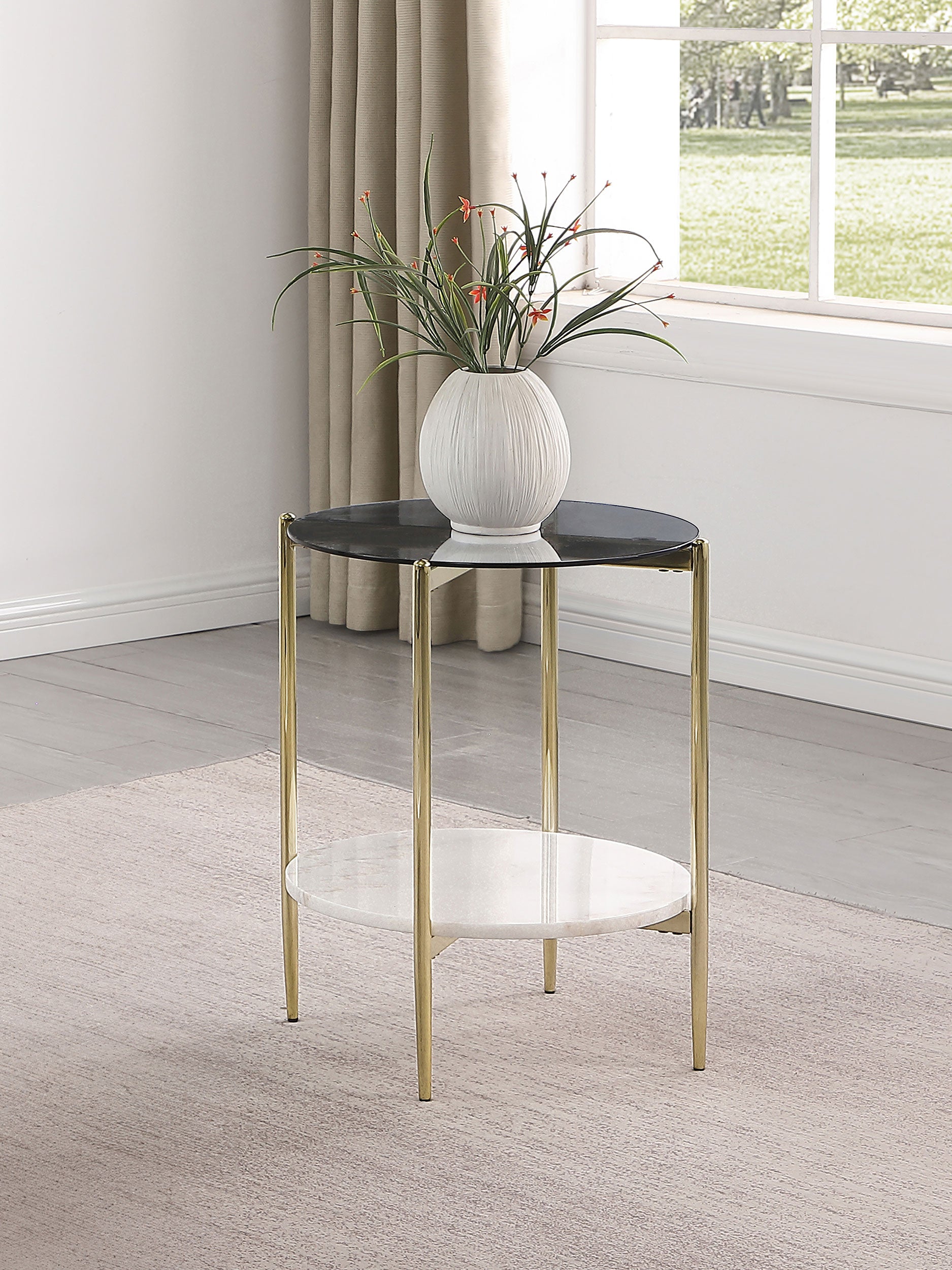 Jonelle Round Glass Top End Table White Marble Shelf Gold — view 2