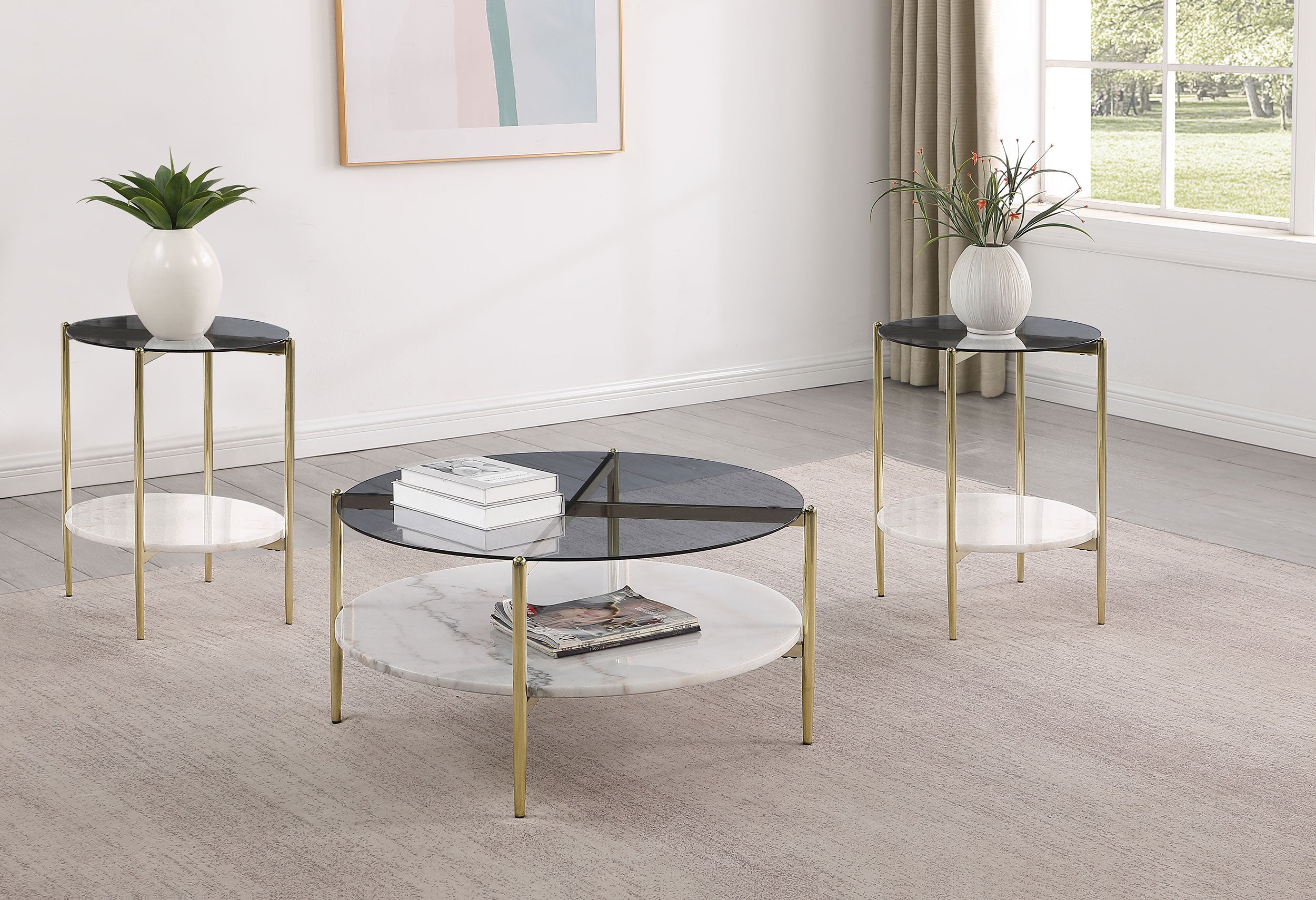 Jonelle 3-piece Round Coffee and End Table Set Gold — view 1