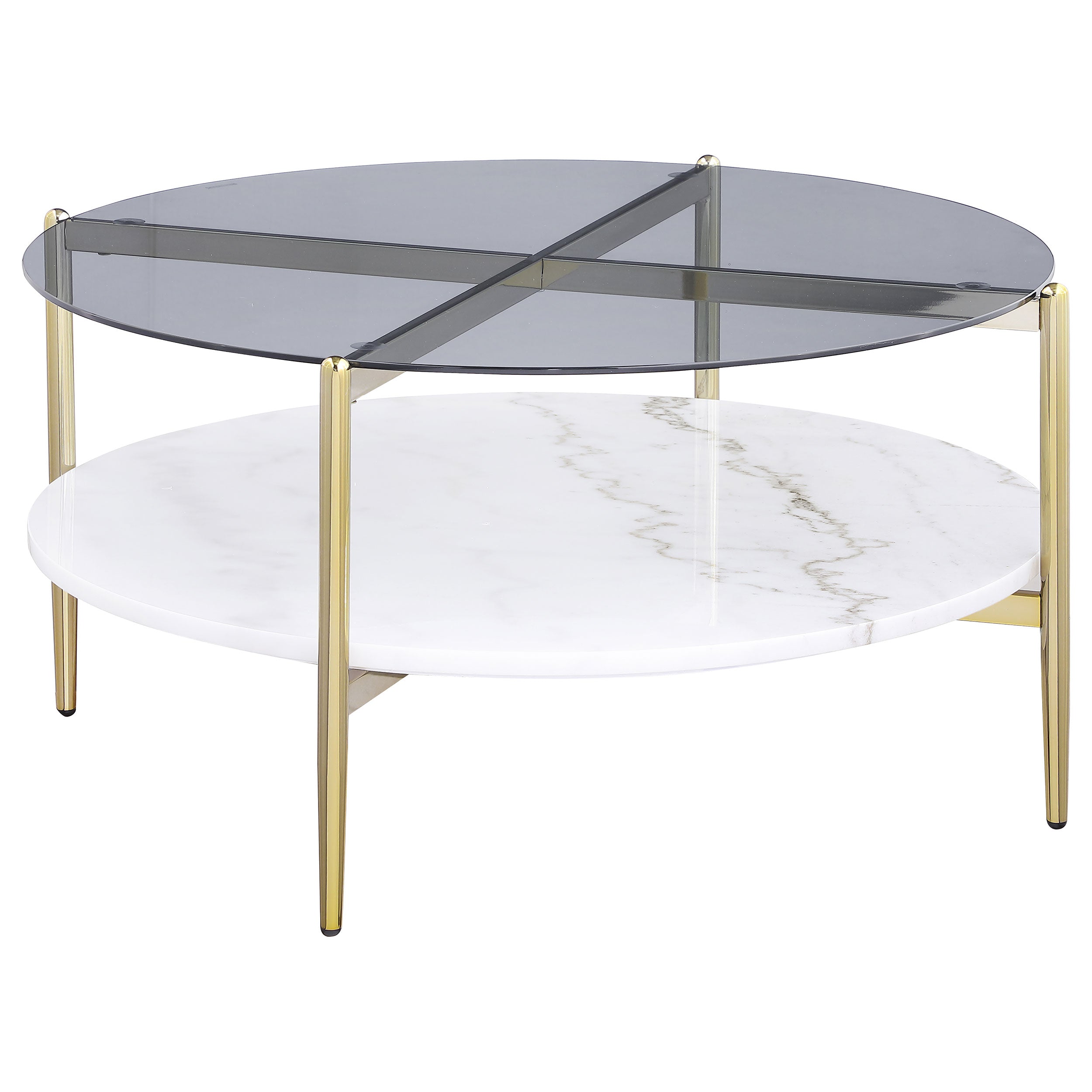 Jonelle Round Glass Top Coffee Table White Marble Shelf Gold — view 1