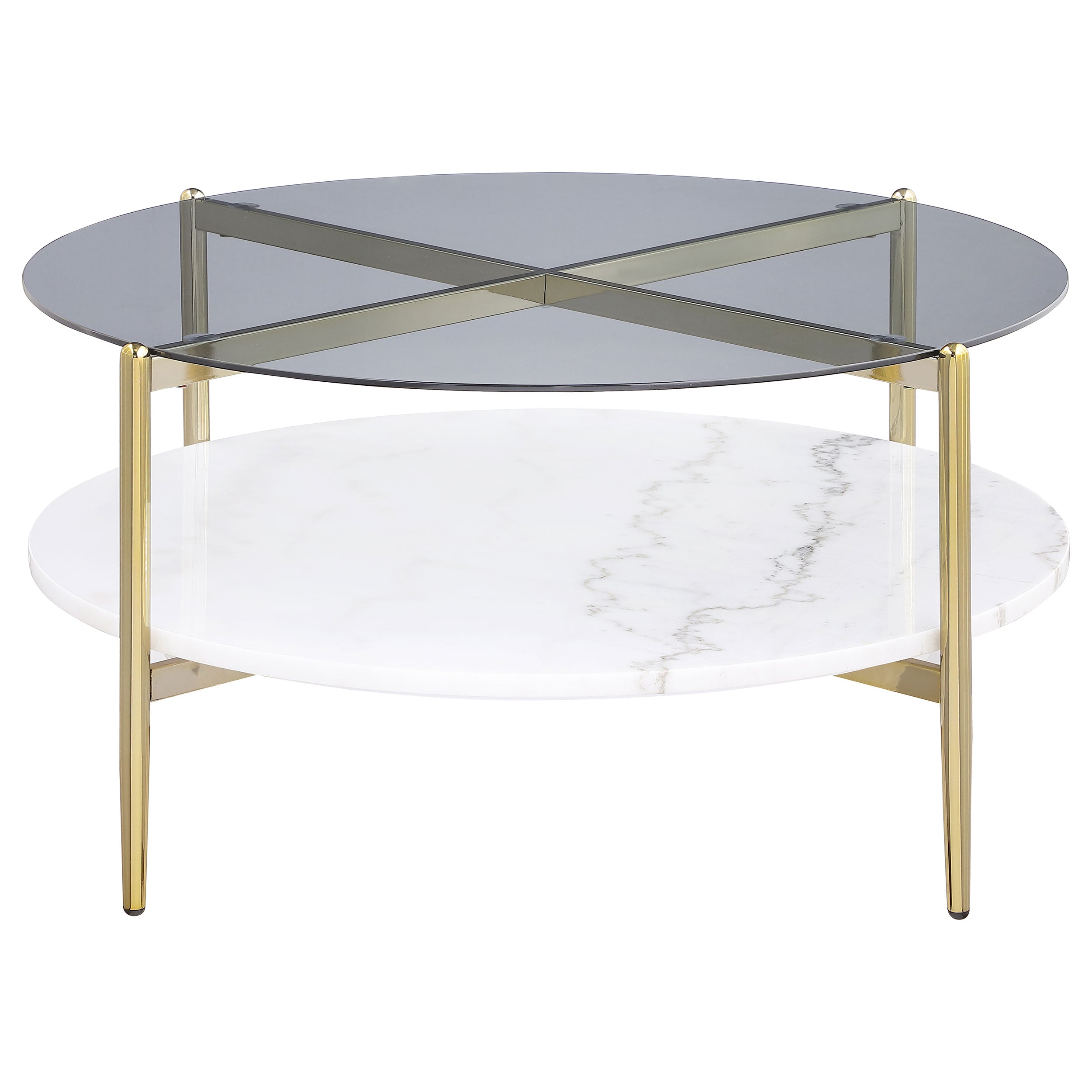 Jonelle Round Glass Top Coffee Table White Marble Shelf Gold — view 3
