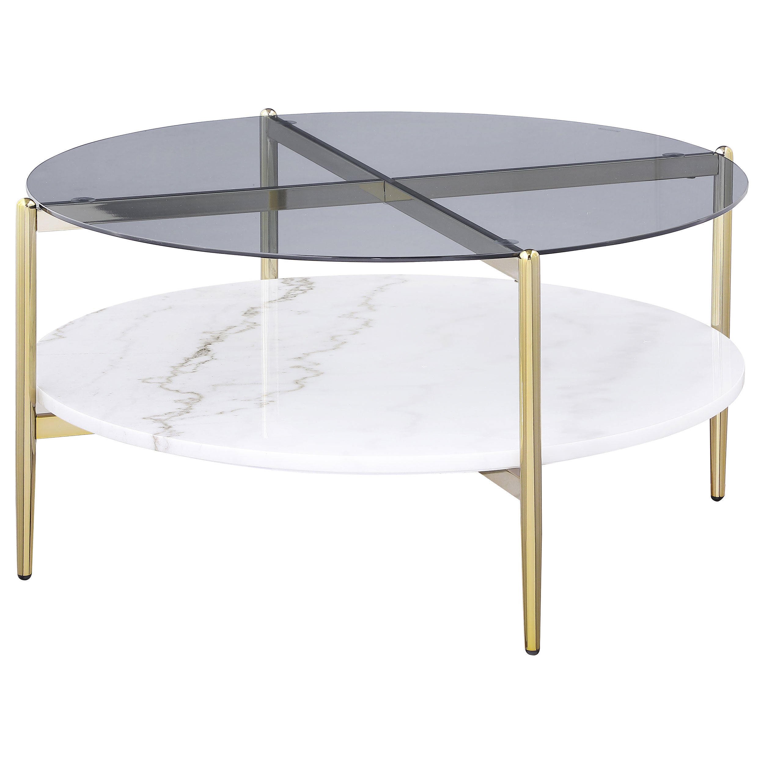 Jonelle Round Glass Top Coffee Table White Marble Shelf Gold — view 4