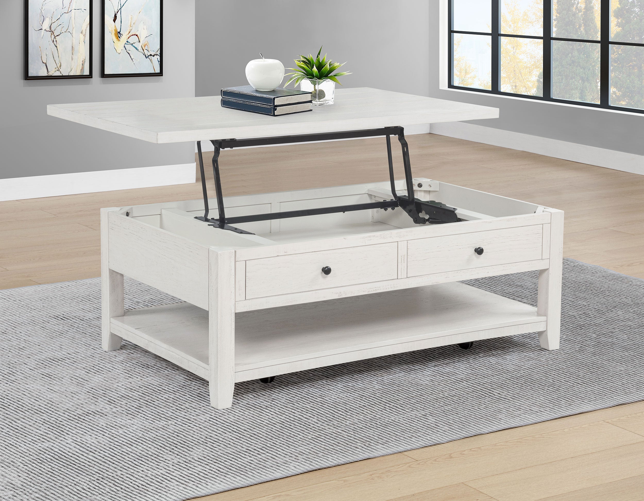 Payne 48-inch Mobile Lift Top Coffee Table Distressed White — view 3