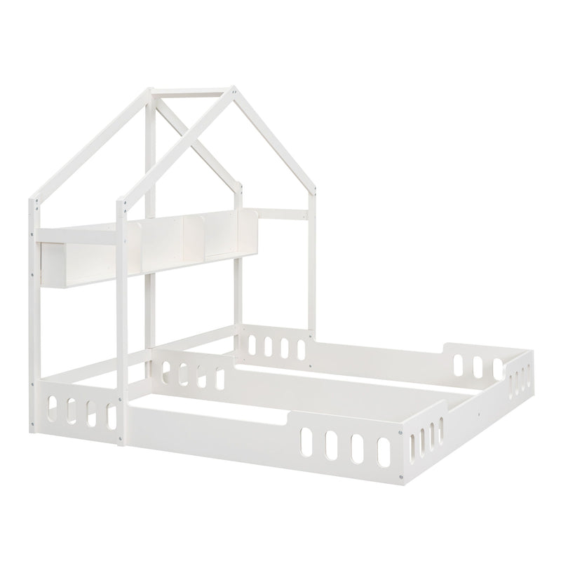 Twin Size Platform Bed With Shared Design, Guardrails, And Built In Shelves - Creamy White