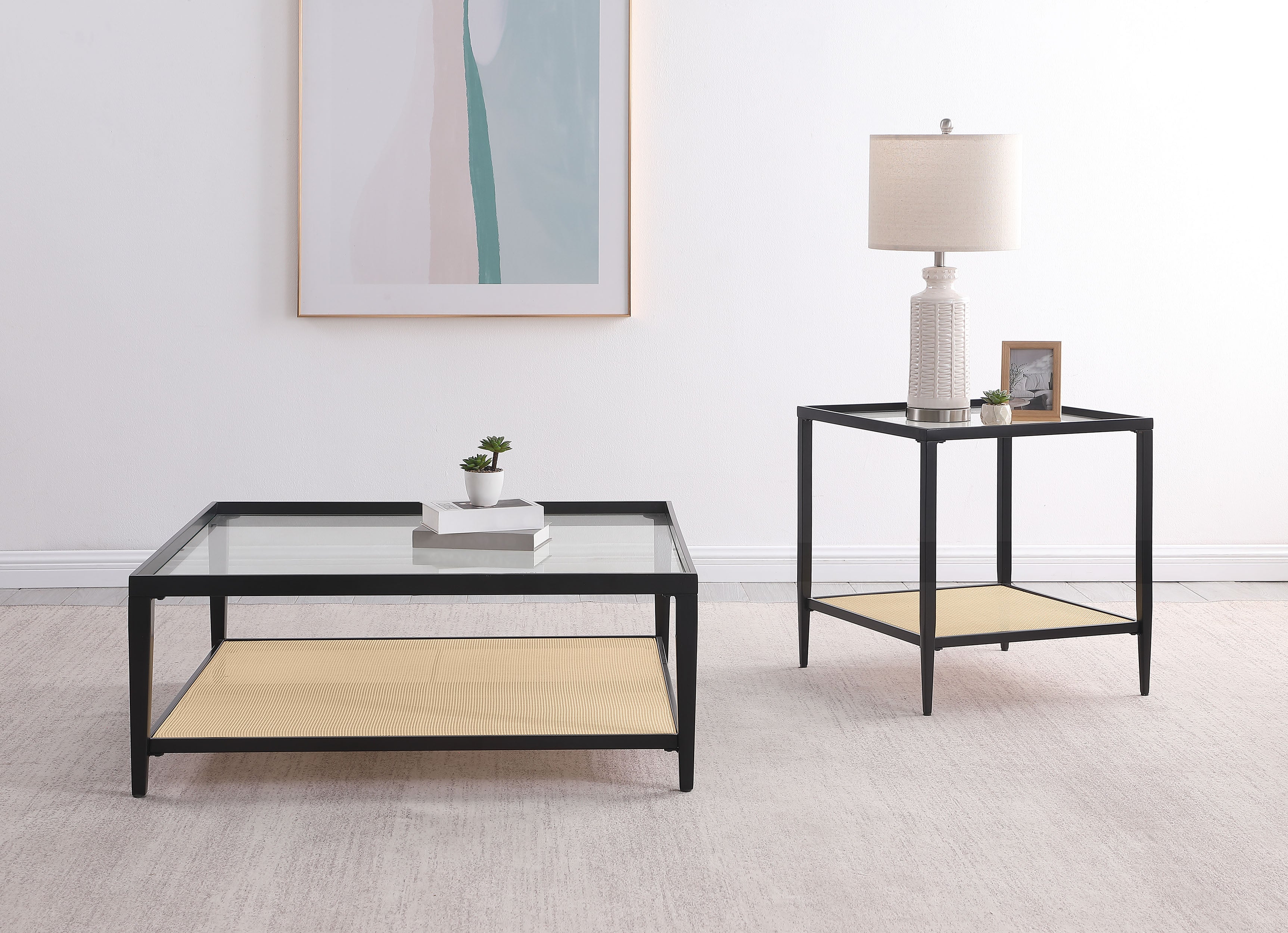 Amherst Glass Top Metal with Cane Shelf Coffee Table Black — view 7