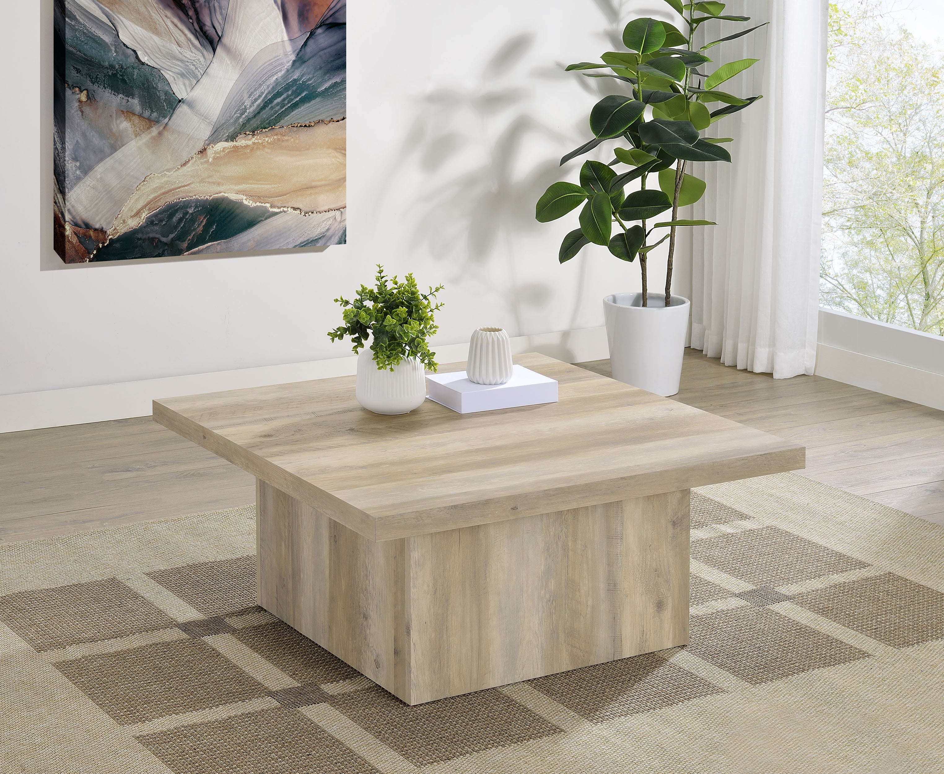 Devar Square Engineered Wood Coffee Table Distressed Pine — view 2