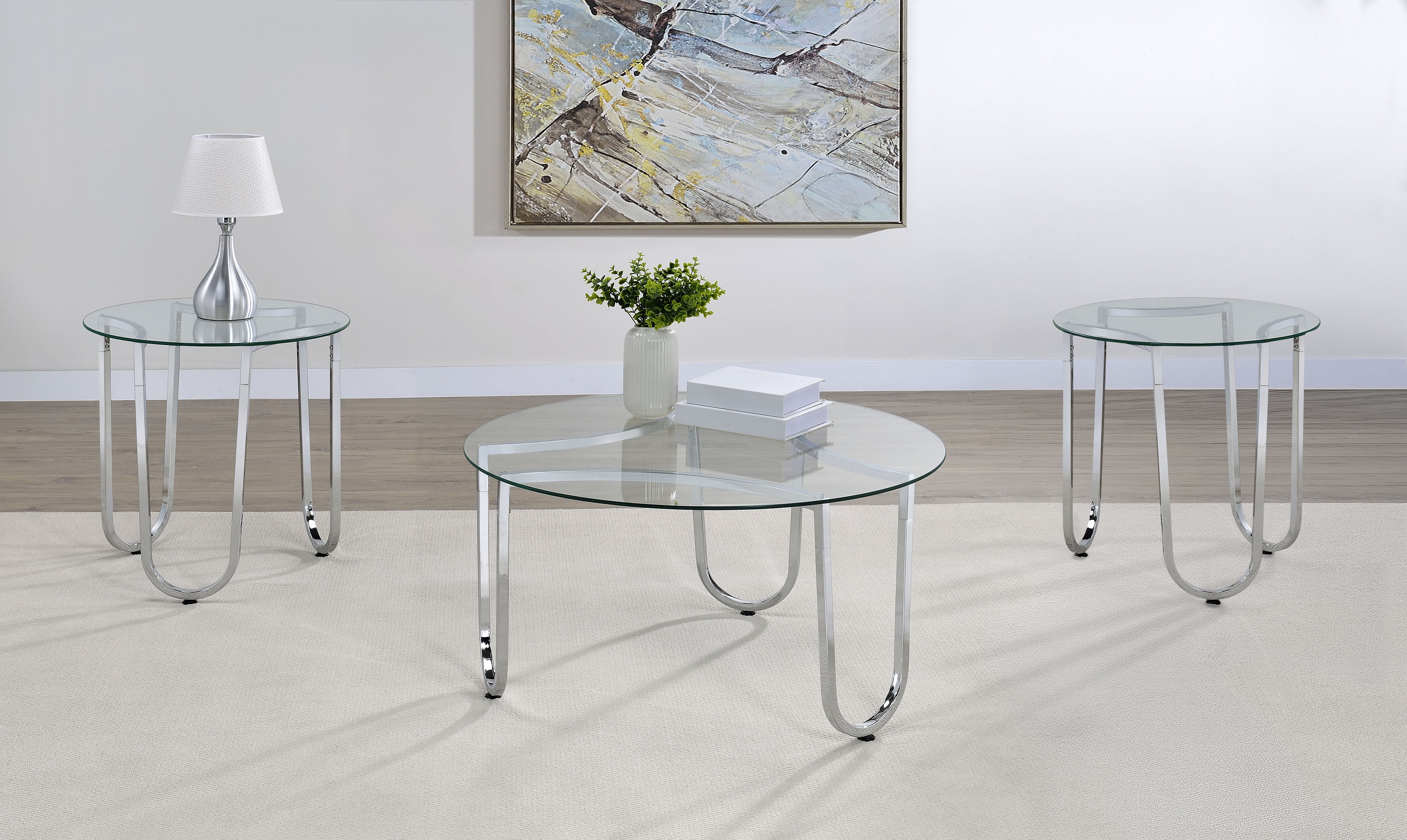Beller 3-piece Round Tempered Glass Top Coffee Table Set Chrome — view 1