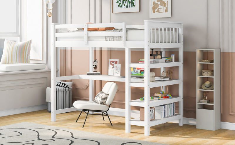 Twin Size Loft Bed with Storage Shelves and Under-bed Desk, White