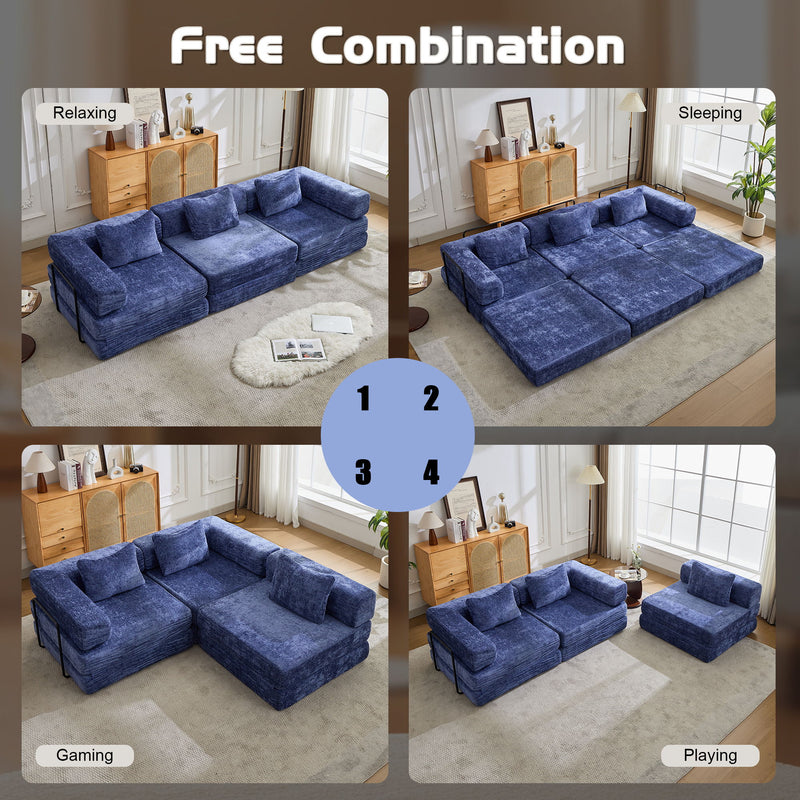 Convertible Floor Sofa Bed With Fixed Shape Frame, Boneless Modular Sectional Sofa, For Living Room - Dark Blue