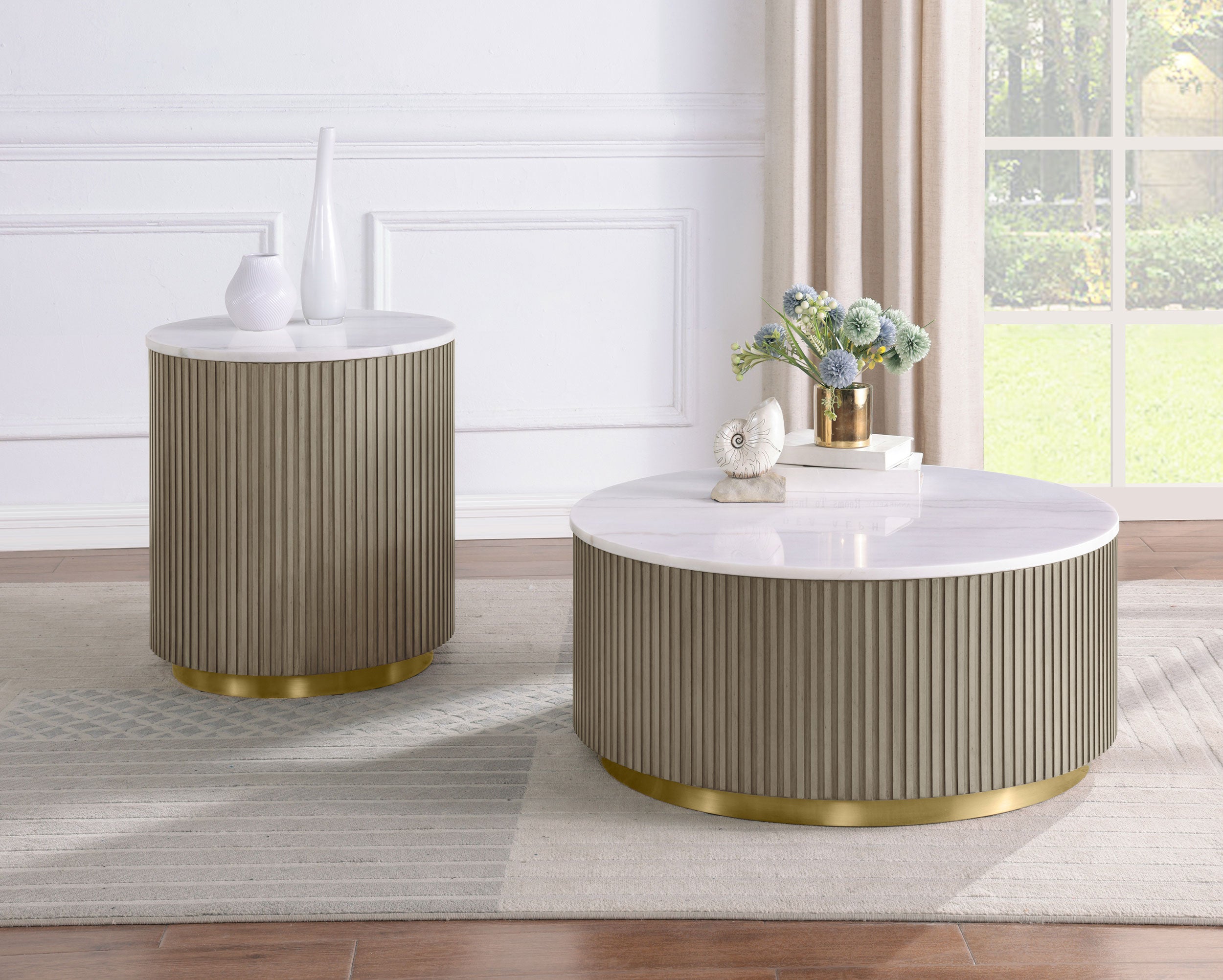 Jason 2-piece Round White Marble Coffee Table Set Greige — view 1