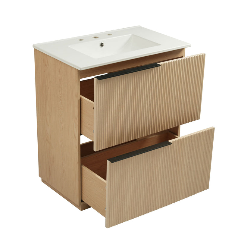 Fluted Bathroom Vanity With Ceramic Sink, Soft Close Slides