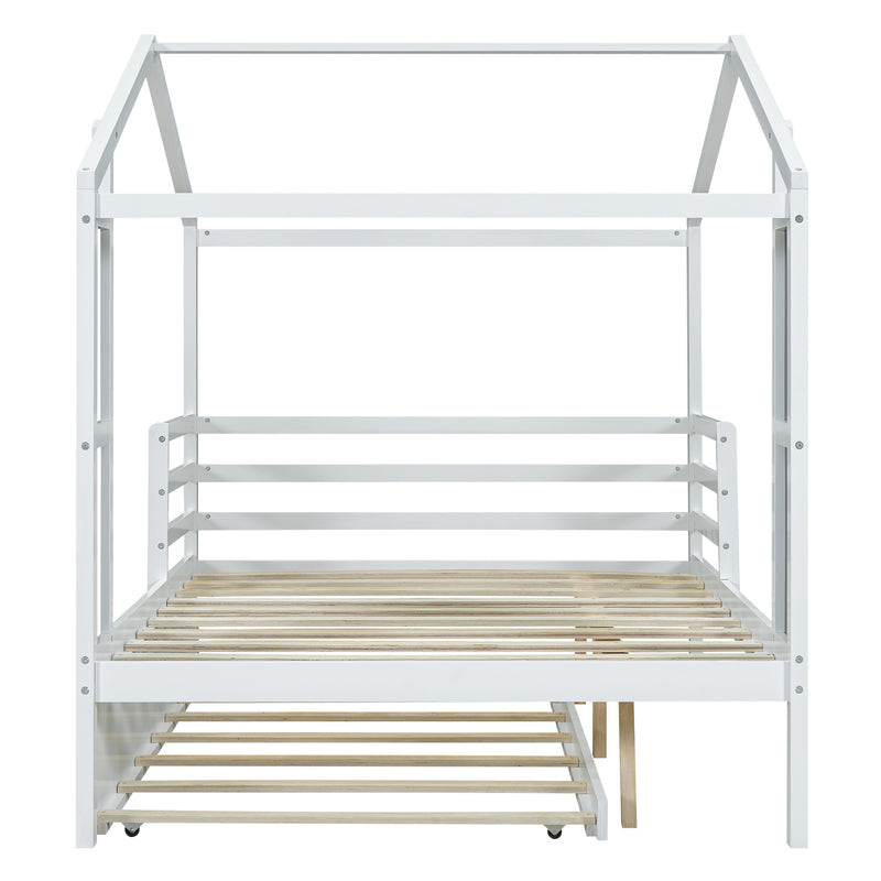 Full Size Wood House Bed with Fence and Writing Board, White