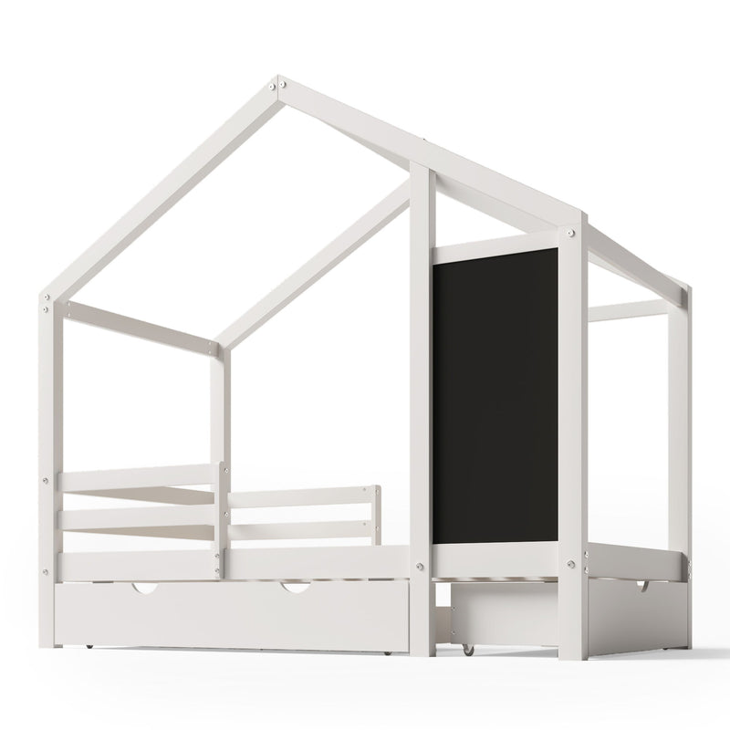Twin House Bed With Blackboard And Drawers, 2 Assembly Options - White