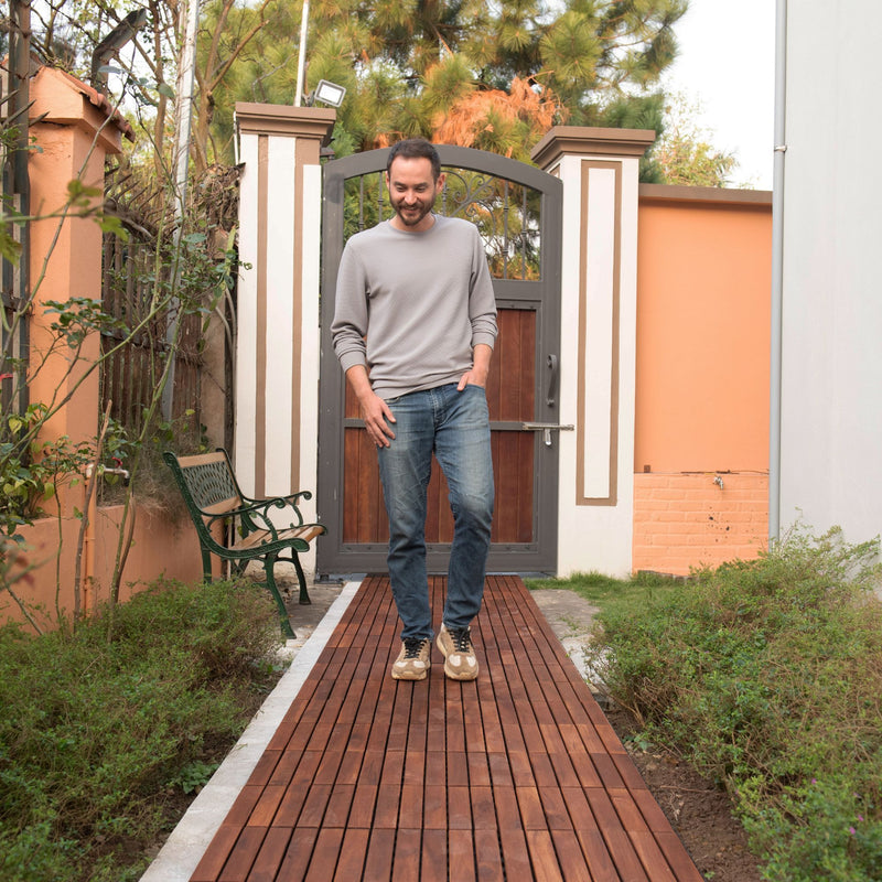 Interlocking Deck Tiles Striped Pattern, Waterproof Anti Mildew Brown
