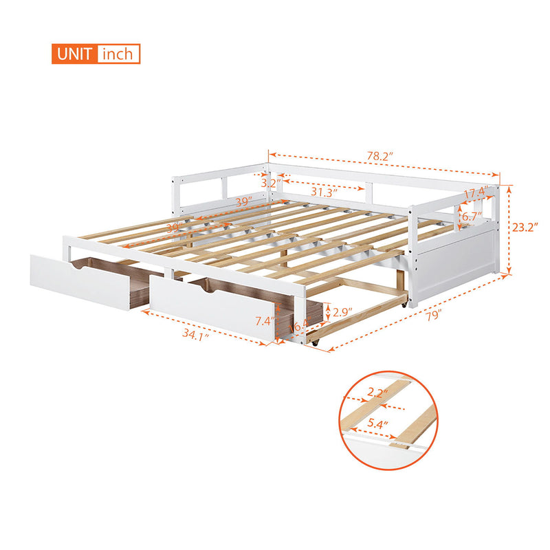 Wooden Daybed With Trundle Bed And Two Storage Drawers, Extendable Bed Daybed, Sofa Bed For Bedroom Living Room