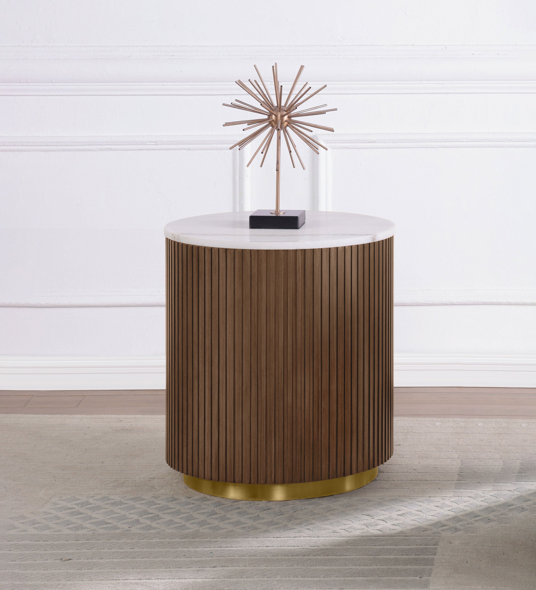 Jason Round White Marble Top Side End Table Honey Brown — view 2