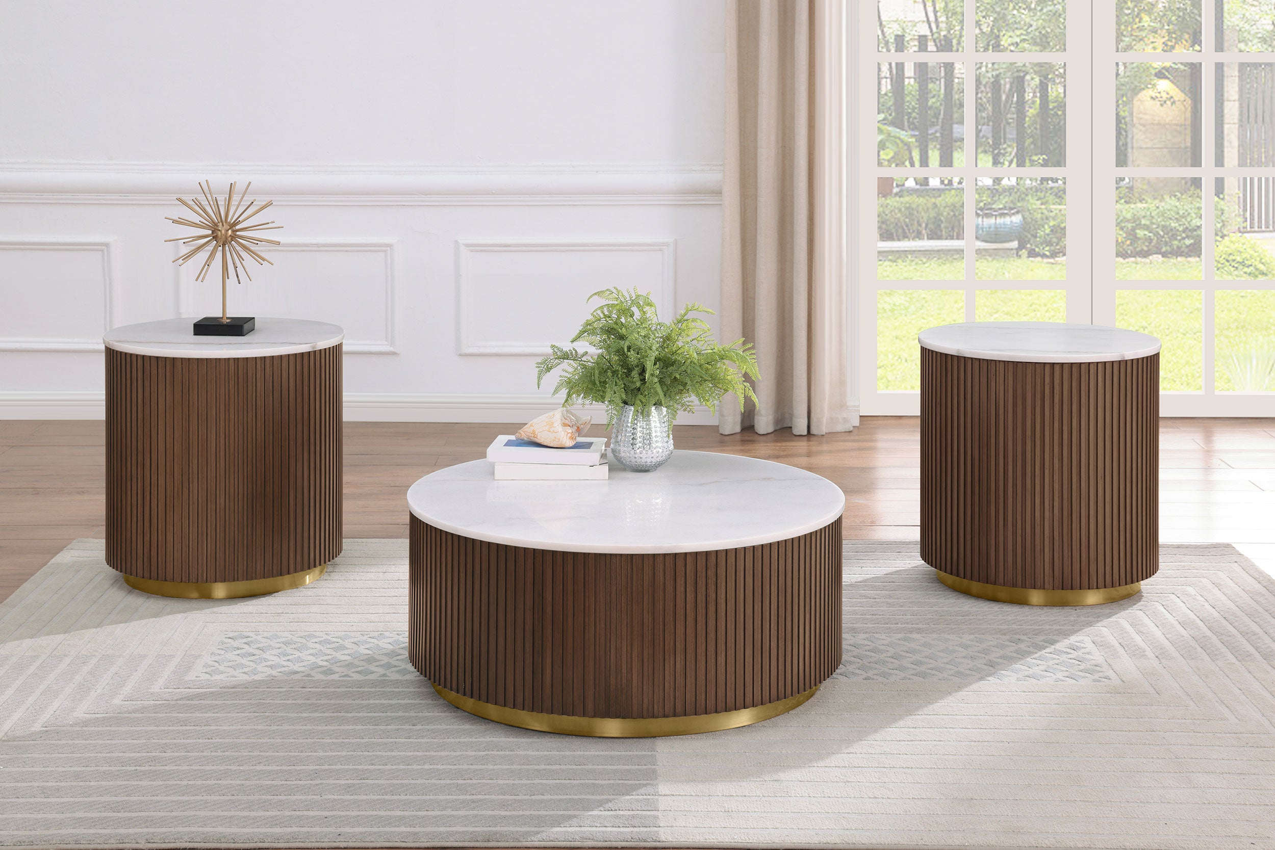 Jason 3-piece Round White Marble Coffee Table Set Honey Brown — view 1