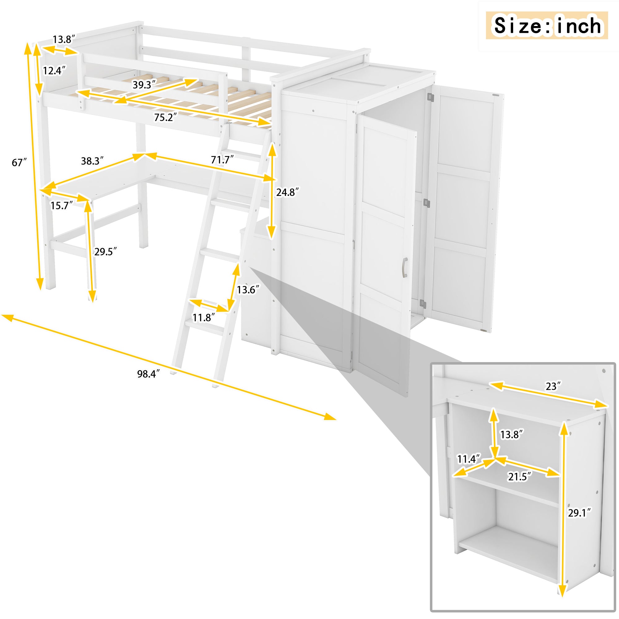 Twin size Loft Bed with Desk, Shelves and Wardrobe-White - Atlantic Fine Furniture Melbourne FL