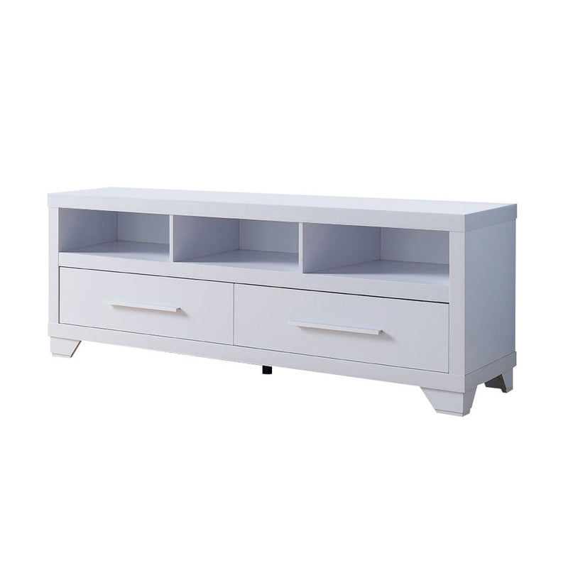 Modern TV Stand With Three Open Shelves And Two Drawers With Stylish Media Storage