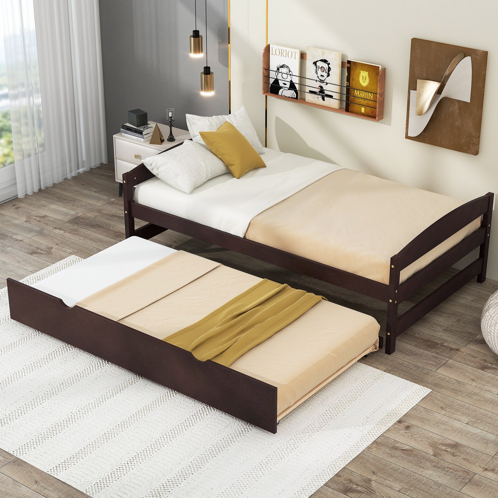 Twin Size Platform Bed with Twin Size Trundle, Espresso - Atlantic Fine Furniture Melbourne FL