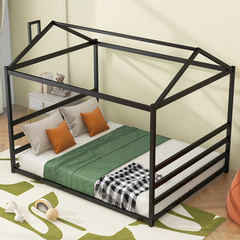 Metal House Shape Platform Bed, Black, Queen