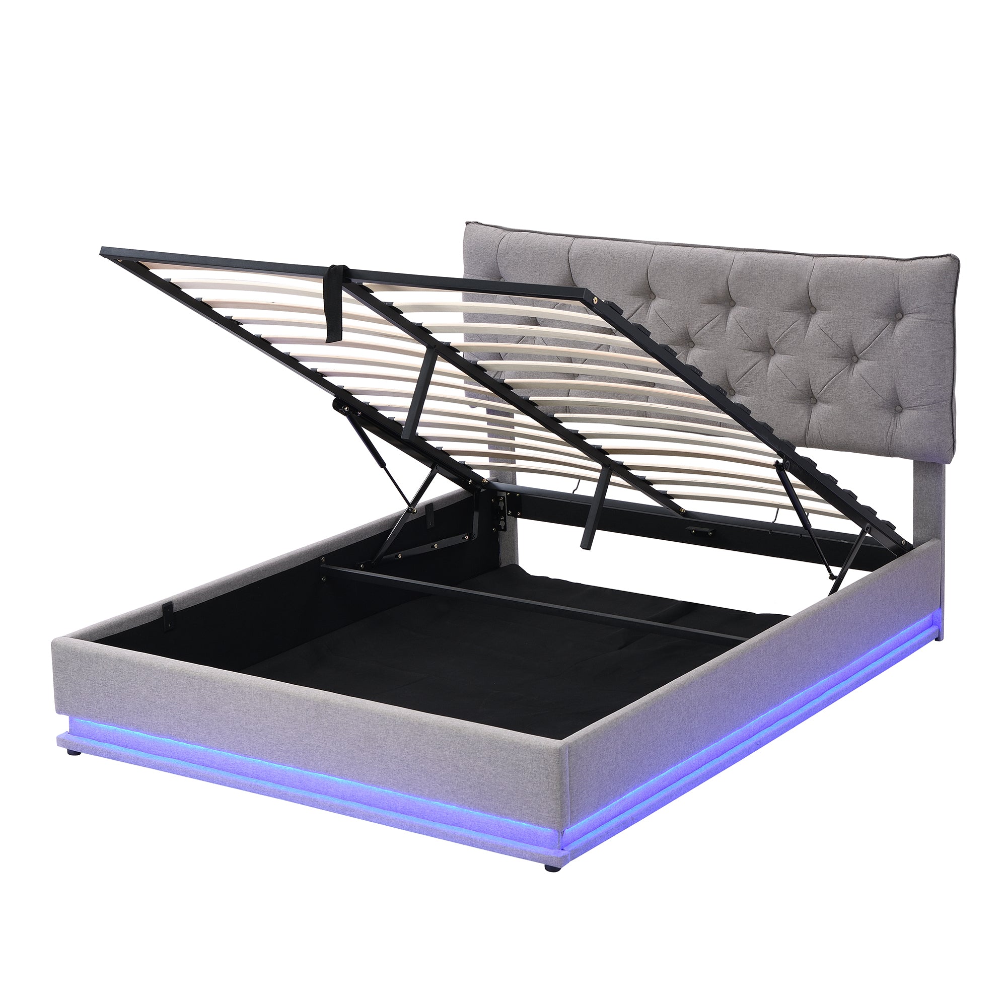 Queen Size Upholstered Bed with Hydraulic Storage System and LED Light, Modern Platform Bed with Button-tufted Design Headboard, Gray - Atlantic Fine Furniture Melbourne FL