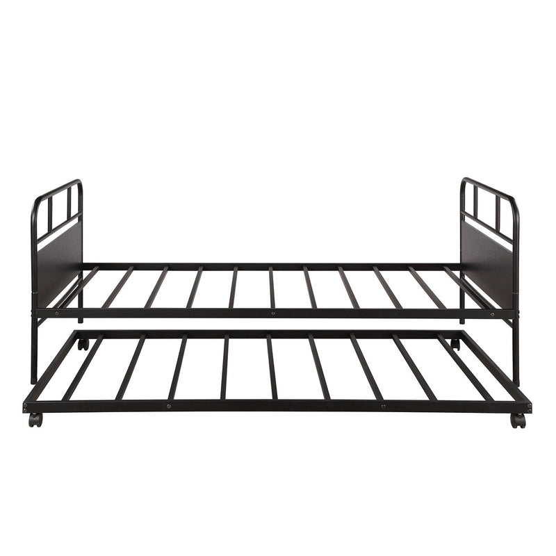 Twin Size Metal Daybed Platform Bed Frame With Trundle Built In Casters - Black