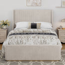 King Size Luxurious Corduroy Upholstered Bed Frame With Vertical Stripe Wingback Headboard And High Footboard - Light Gray