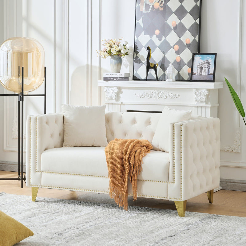 2 Seater Deep Seat Sofa, Sofa With Button Nailhead, Square Arm Couches, Furniture For Living Room - Beige