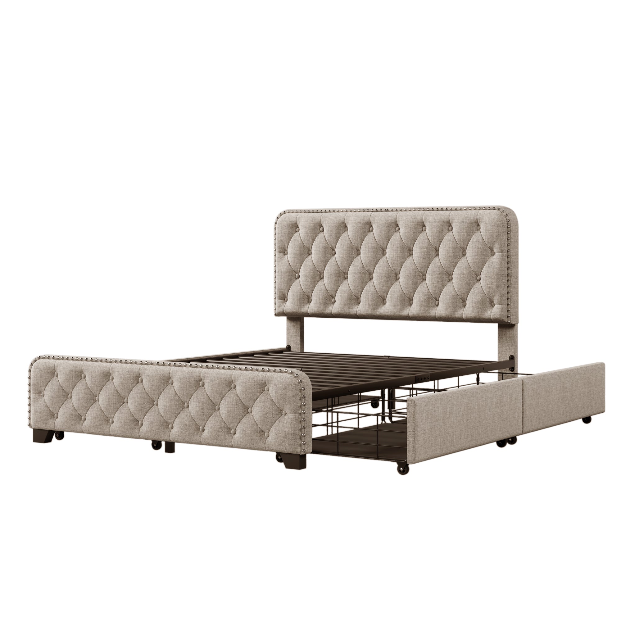 Upholstered Platform Bed Frame with Four Drawers, Button Tufted Headboard and Footboard Sturdy Metal Support, No Box Spring Required, Beige, Full (Old sku:BS300281AAA) - Atlantic Fine Furniture Melbourne FL