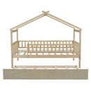 Twin Size Wooden House Bed with Twin Size Trundle, Natural