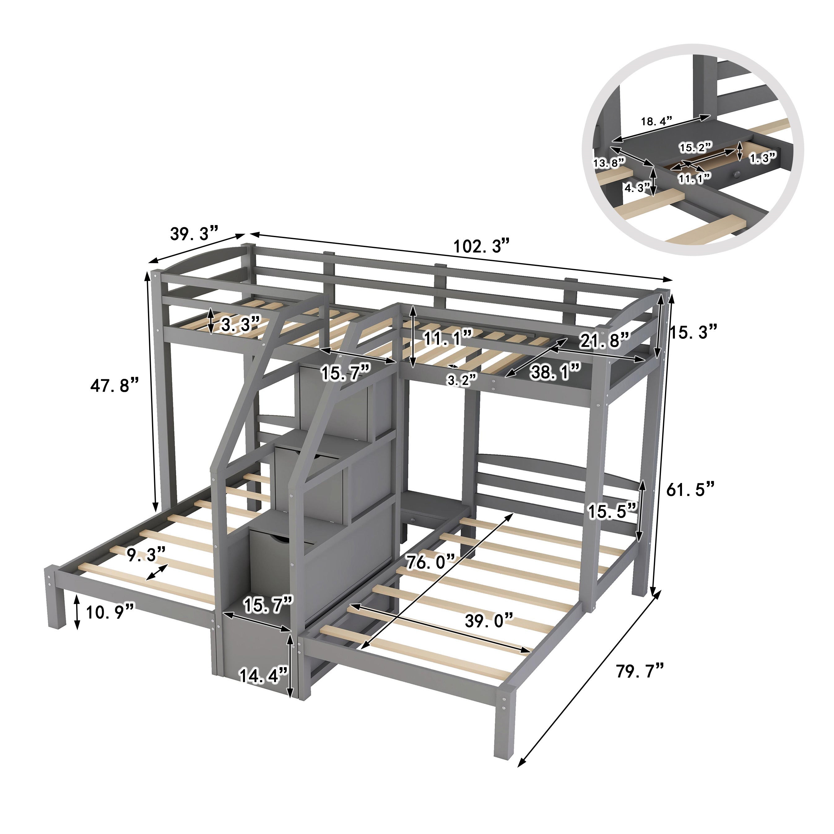 Twin over Twin & Twin Bunk Bed with Built-in Staircase and Storage Drawer,Gray - Atlantic Fine Furniture Melbourne FL